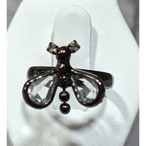 Whimsygoth Fairycore Black Dragonfly Adjustable Ring With Clear Gems